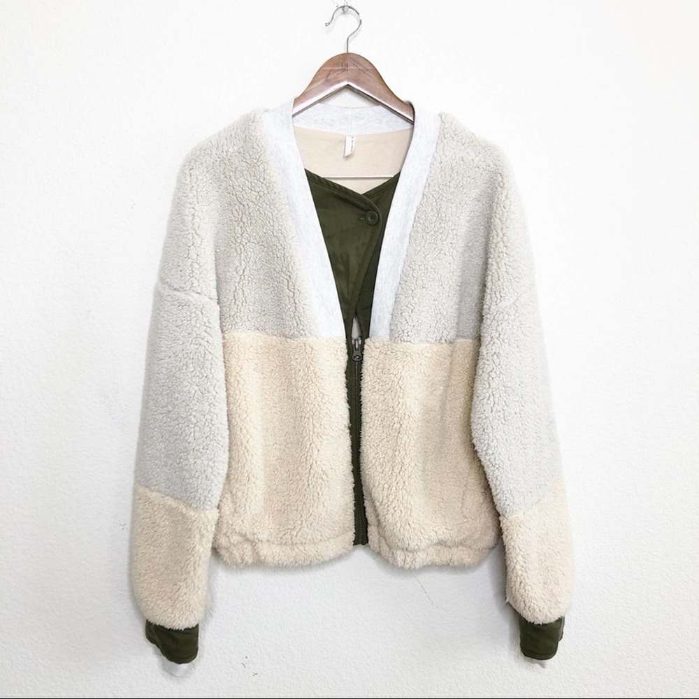 Free People Movment Color Block Cozy Cream Sherpa Jacket